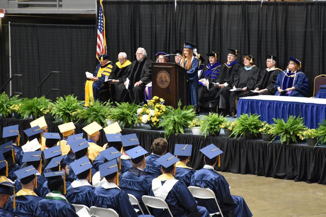 SGA President Hannah Calhoun addresses graduates at the 119th WVU Tech commencement ceremony.