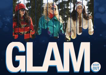 GLAM NIGHT OUT Logo with a picture of three firends skiiing