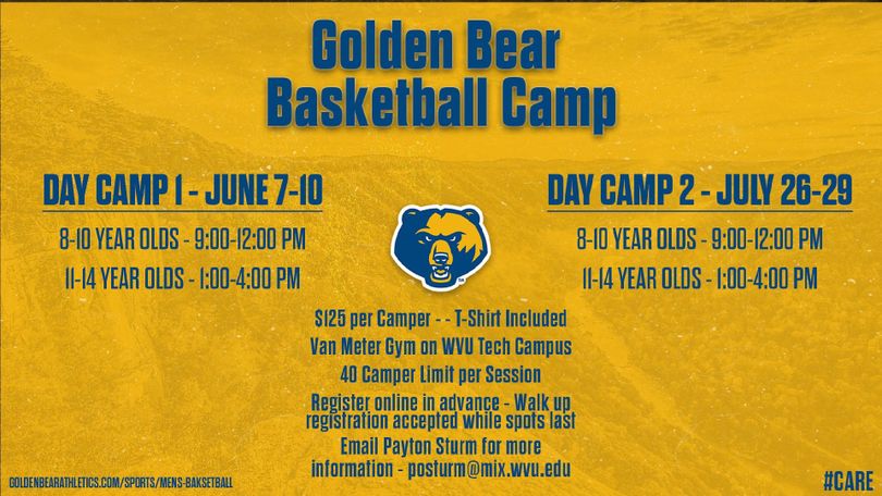 An announcement graphic detailing dates for two basketball camps at WVU Tech in summer 2021