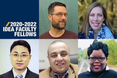 An image showing the faces of five newly-appointed IDEA Faculty Fellows