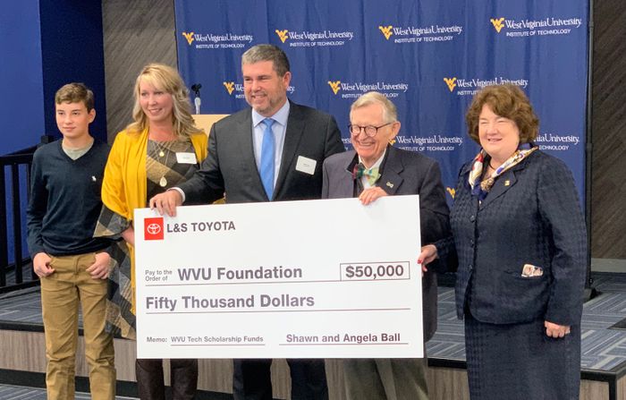 Left to right: Jonah, Angela and Shawn Ball; WVU President Gordon Gee; and WVU Tech Campus President Carolyn Long. Photo by WVU Tech University Relations.