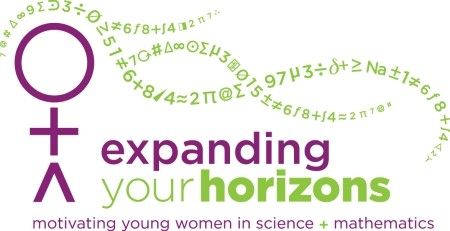 The Expanding Your Horizons logo, which features the universal female symbol as the top of a stick figure, her flowing hair made of numbers and mathematics symbols.