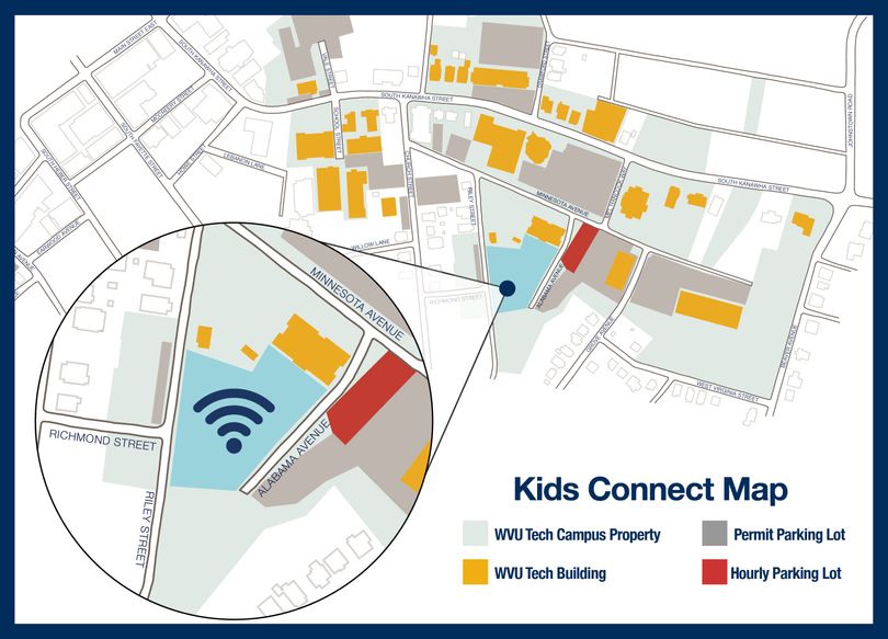 A map of campus with the Kid Connect wifi hotspot coverage zone highlighted.
